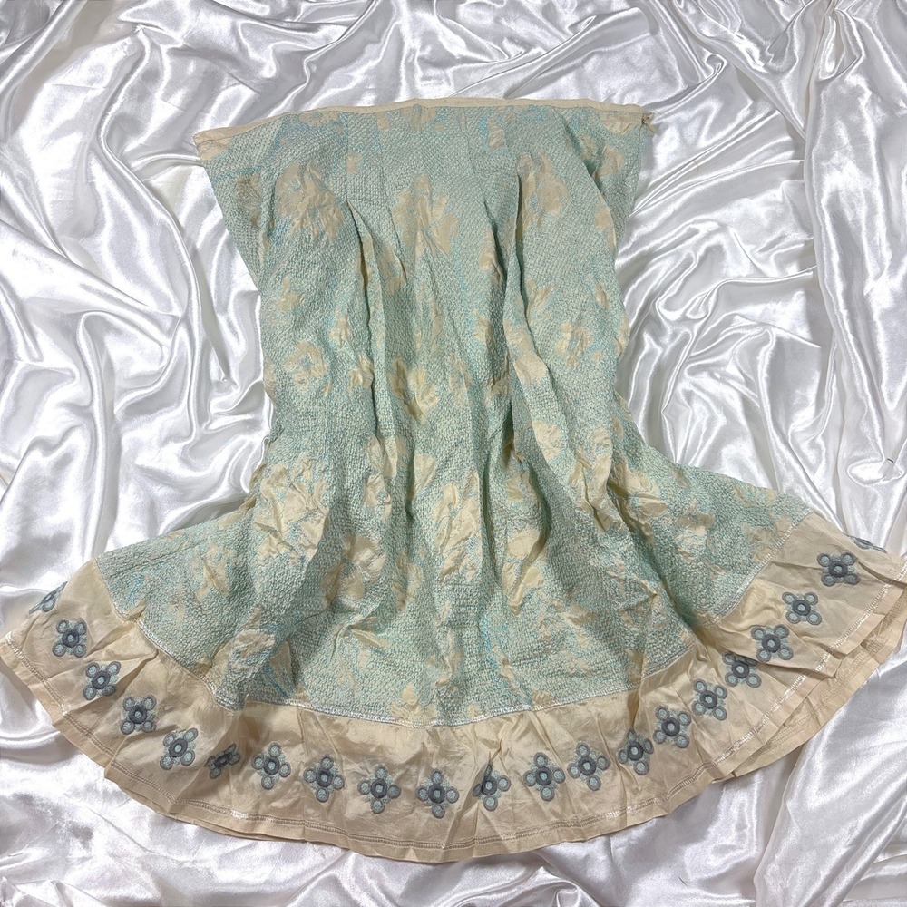 y2k Biya Johnny Was Skirt Blue Excellent Floral Embroidered Silk Trim Jacquard